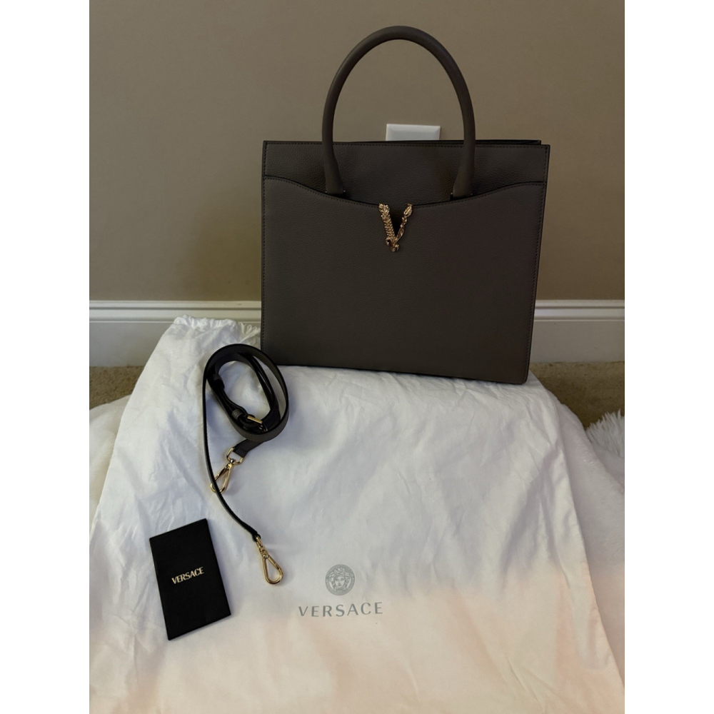 Versace Virtus Grainy Calf Leather Grey Large Top Handle Bag NWT $ 2100 Retail - Picture 5 of 10